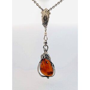 Estate Sterling Silver 925 Necklace w/ Large Amber Art Nouveau Pendant 26”